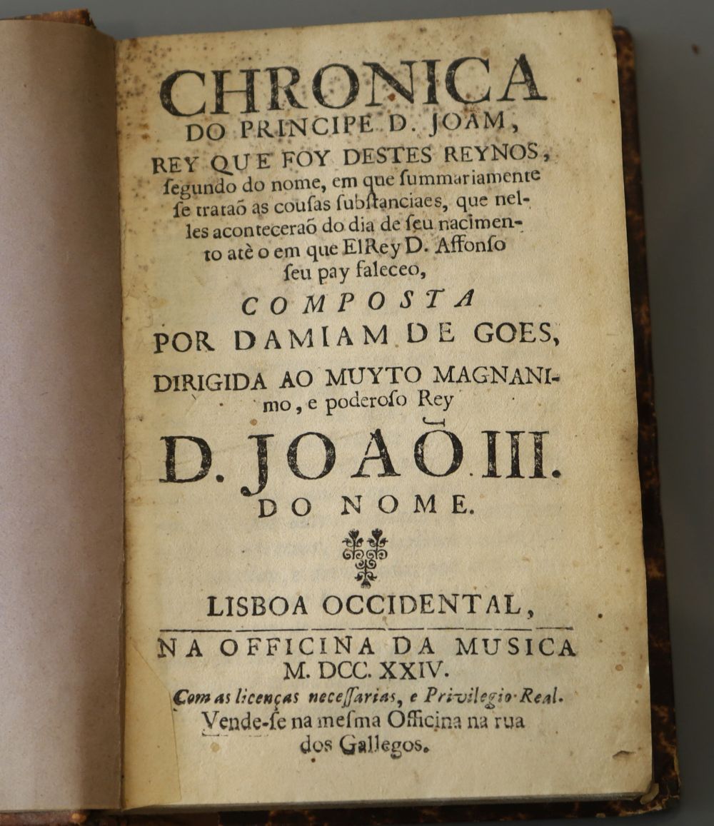Gois, Damiao de, 1502-1574 - Chronica do Principe d. Joam, half calf, 12mo, Officina da Musica, Lisbon, 1724